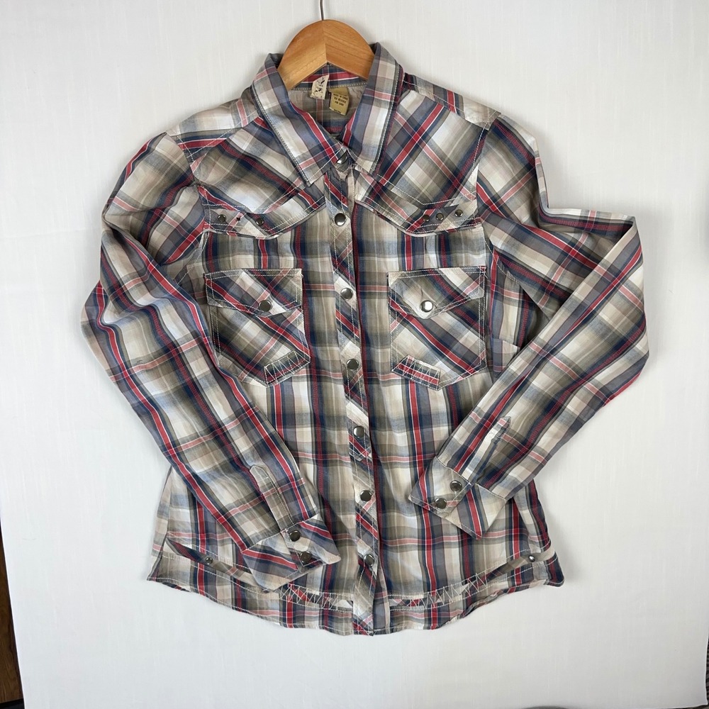 BKE Womens Plaid Western Snap Front Long Sleeve Shirt Red Navy Tan Size S